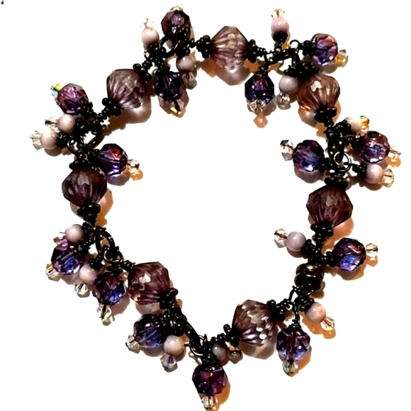 VINTAGE LAVENDER & BLUE GLASS CRYSTAL BEADED SILVER MAGNETIC CLASP 7.5" BRACELET - Picture 3 of 11